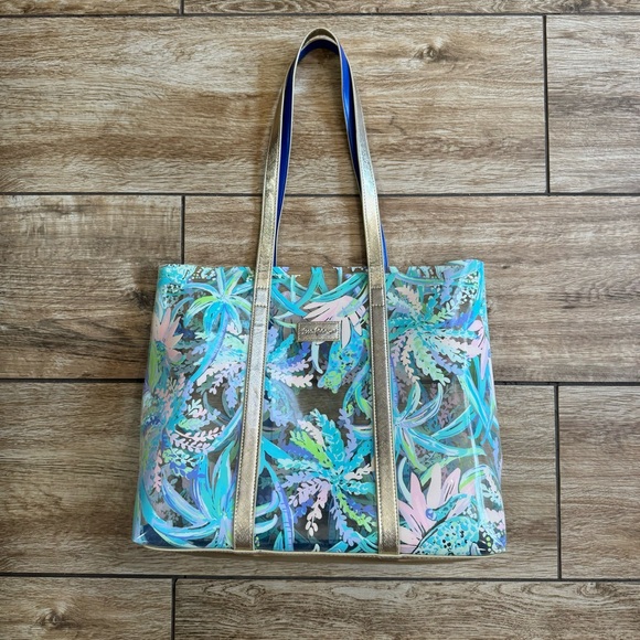 Lilly Pulitzer Clear PVC Sweet Escape Print Tote Flora Beach Bag Gold Trim - Picture 8 of 16